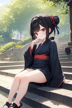 1girl, morino_rinze, japanese_clothes, kimono, sitting, cat, solo, outdoors, red_eyes, short_hair, tree, tabi, red_kimono, stairs, single_hair_bun, hair_bun, wide_sleeves, haori, bangs, long_sleeves, black_hair, geta, headpat