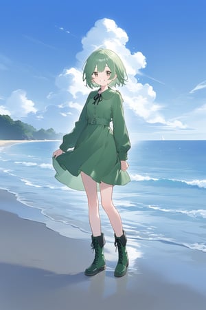 1girl, beach, boots, cloud, dress, green_dress, green_hair, long_sleeves, outdoors, sand, short_hair, sky, smile, solo, standing