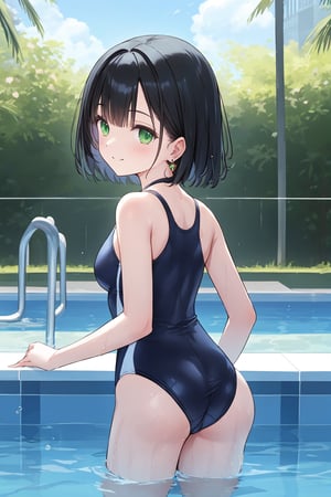 1girl, ass, bangs, bare_arms, bare_shoulders, black_hair, black_swimsuit, blue_swimsuit, blush, braid, breasts, competition_swimsuit, cowboy_shot, earrings, eyebrows_visible_through_hair, green_eyes, jewelry, looking_at_viewer, looking_back, one-piece_swimsuit, pool, pool_ladder, poolside, short_hair, smile, solo, swimsuit, thighs, wading, water, wet