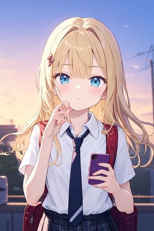 1girl, long_hair, blue_eyes, blonde_hair, necktie, shirt, solo, white_shirt, collared_shirt, sunset, short_sleeves, bangs, instrument, backpack, outdoors, phone, holding, bag, holding_phone, school_uniform, upper_body, cellphone, blurry, drum_set, plaid_necktie