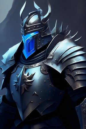 The image depicts a fantastical armored figure, likely representing a character from a medieval or fantasy setting. The armor is detailed with spikes and sharp edges, suggesting a warrior or knight of high status or power. The helmet's design, featuring a prominent horn-like structure, adds to the regal or intimidating aspect of the character. The color scheme is predominantly dark with metallic highlights, emphasizing the armor's heavy and formidable nature. The background is subdued, allowing the armored figure to be the central focus. This type of imagery is often associated with video game characters, fantasy literature, or role-playing games where such figures are common.