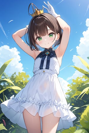 1girl, antenna_hair, arms_up, bangs, brown_hair, crown, dress, eyebrows_visible_through_hair, gloves, green_eyes, kinomoto_sakura, short_hair, sleeveless, smile, standing, white_dress, white_gloves