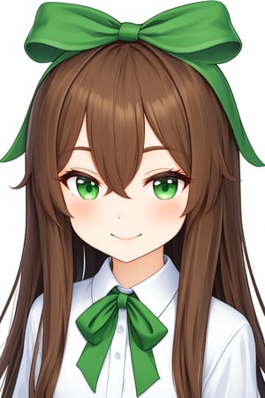 最佳质量,杰作,高质量,1girl, solo, green eyes, green ribbon, white background, ribbon, long hair, brown hair, simple background, looking at viewer, signature, neck ribbon, portrait, smile, bangs, closed mouth, hair between eyes, dated, shirt, artist name