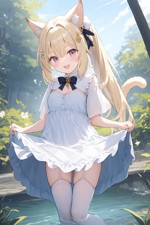 1girl, miqo'te, animal_ears, avatar_\(ff14\), tail, solo, cat_ears, hair_ornament, thighhighs, flower, outdoors, breasts, hair_flower, cat_tail, long_hair, ponytail, facial_mark, blonde_hair, dress, looking_at_viewer, open_mouth, water, bangs, white_thighhighs, pink_eyes, smile, whisker_markings, blush, wading, cleavage, skirt_hold, day