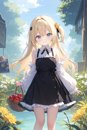 1girl, solo, blonde_hair, dress, long_hair, food, blue_eyes, fruit, outdoors, hair_ornament, flower, hair_flower, long_sleeves, smile, puffy_sleeves, basket, looking_at_viewer, tree, juliet_sleeves, bangs, bare_shoulders, apple, holding, very_long_hair, detached_sleeves, holding_basket, parted_bangs, water, day, closed_mouth, white_flower, wavy_hair, black_dress, grass, standing, breasts, rose