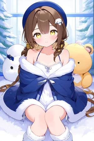 最佳质量,杰作,高质量,1girl, solo, hat, brown_hair, sitting, bow, official_alternate_costume, fur_trim, looking_at_viewer, socks, stuffed_toy, yellow_eyes, braid, long_sleeves, bare_shoulders, white_socks, collarbone, stuffed_animal, blue_jacket, long_hair, white_headwear, bangs, blush, blue_headwear, closed_mouth, hair_rings