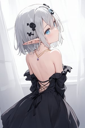 1girl, dress, pointy_ears, skeleton, blue_eyes, backless_outfit, backless_dress, solo, jewelry, necklace, bare_shoulders, bare_back, skull, grey_hair, glowing, hair_ornament