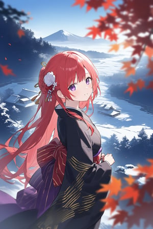 1girl,red hair,purple eyes,furisode,blurry,blurry_foreground,blurry_leaf,landscape,from_above,cowboy_shot,long hair