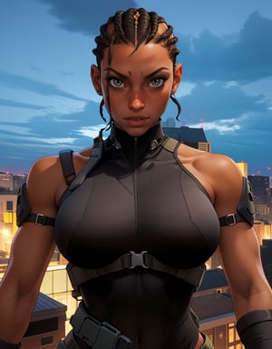 Close up view, facing the viewer, facing forward view, portrait of a beautiful Dark skinned African American women, tight sexy black tactical leotard outfit, cornrows hairstyle, black tactical gauntlets on both forearms, tight black spandex pants, large firm breast, hourglass body shape, slim waist, thick hips, guns strapped to her waist belt, she’s on a rooftop at night, cinematic lighting, dark lighting, dynamic scene, sniper rifle in her hand, hide her hands, night vision goggles on her forehead