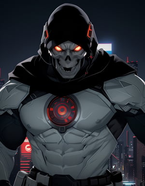 Faceing viewer, facing forward, close up view, (Character: a middle-aged Japanese Male assassin) (View: portrait) (FACE: bright red horizontal face-visor, silver-metal skull-jaw-mask) (BODY: masculine, muscular physique) (OUTFIT: wearing white tactical ninja suit, red L.E.D light circle in the center of his chest) (IMAGE QUALITY: sharpe image quality, high_resolution, detailed, detailed facial features, vibrant colors, sharpness, enhanced image) (LIGHTING:, DIFFUSED LIGHTING, daytime, dynamic lighting, cinematic pose) (Scene: orange glowing aura surrounding his entire body, action scene) (BACKGROUND: Tokyo rooftop background