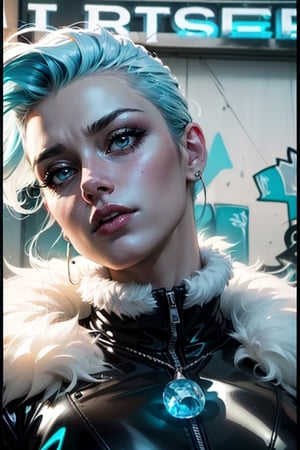 Generate a realistic image of a Pale skinned middle aged Icey woman,
She has glowing “Neon blue color” eye color,
surrounded by Ice, White and shades of baby-Blue nordic style graffiti art, 
Her hair is in a  white colored mohawk hairstyle with the sides of her hair shaved,
Baby-Blue Hair Color,
She has Icy makeup, smoky eyes, well-contoured face,
She has a super slim waist, large boobs, Voluptuous hourglass shape body,  extremely curvy, oily body, 
She is wearing a White sleek form fitting Jumpsuit with icy blue color modern style corset, white fur along the collar, white fur jacket with diamond shaped ice pendant in the center of her chest, black leather gloves with white fur, form fitting white latex pants, white leather books with white fur,
vivid colors, natural lighting, beautiful lighting, dramatic lighting, immersive atmosphere, (chiaroscuro:0.2) volumetric lighting, 8k resolution trending on Artstation Unreal Engine 5, chiaroscuro, bioluminescence, Extremely Realistic,
Incorporate urban landscapes and graffiti-filled streets walls as the backdrop to emphasize connection to the street art scene,
Illustrate her in a boss-like pose, epic_cenematic exposure, 
Nordic Style Graffiti murals in the background,
Illustrate an Icy Urban City streets in the background
