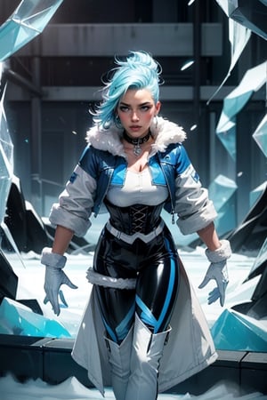 Generate a realistic image of a Pale skinned middle aged Icey woman,
She has glowing “Neon blue color” eye color,
surrounded by Ice, White and shades of baby-Blue nordic style graffiti art, 
Her hair is in a  white colored mohawk hairstyle with the sides of her hair shaved,
Baby-Blue Hair Color,
She has Icy makeup, smoky eyes, well-contoured face,
She has a super slim waist, large boobs, Voluptuous hourglass shape body,  extremely curvy, oily body, 
She is wearing a White sleek form fitting Jumpsuit with icy blue color modern style corset, white fur along the collar, white fur jacket with diamond shaped ice pendant in the center of her chest, black leather gloves with white fur, form fitting white latex pants, white leather books with white fur,
vivid colors, natural lighting, beautiful lighting, dramatic lighting, immersive atmosphere, (chiaroscuro:0.2) volumetric lighting, 8k resolution trending on Artstation Unreal Engine 5, chiaroscuro, bioluminescence, Extremely Realistic,
Incorporate urban landscapes and graffiti-filled streets walls as the backdrop to emphasize connection to the street art scene,
Illustrate her in a boss-like pose, epic_cenematic exposure, 
Nordic Style Graffiti murals in the background,
Illustrate an Icy Urban City streets in the background
