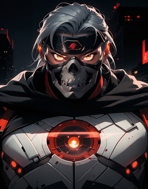 Faceing viewer, facing forward, close up view, (Character: a middle-aged Japanese Male assassin) (View: portrait) (FACE: bright red horizontal face-visor, silver-metal skull-jaw-mask) (BODY: masculine, muscular physique) (OUTFIT: wearing white tactical ninja suit, red L.E.D light circle in the center of his chest) (IMAGE QUALITY: sharpe image quality, high_resolution, detailed, detailed facial features, vibrant colors, sharpness, enhanced image) (LIGHTING:, DIFFUSED LIGHTING, daytime, dynamic lighting, cinematic pose) (Scene: orange glowing aura surrounding his entire body, action scene) (BACKGROUND: Tokyo rooftop background

