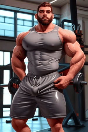sexy hairy man with muscles in shiny grey gym clothes extremely huge bulge in shorts