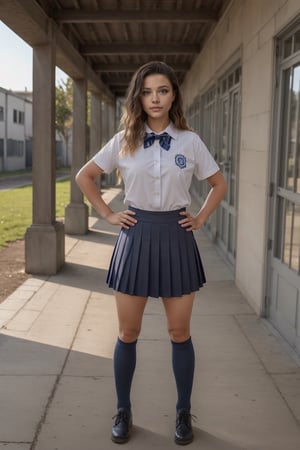 Woman, realistic, school uniform, fullbody_shot, perfect face, cute eyes, hands on hips, looking at viewer, school yard, cinematic light, SkpFace
