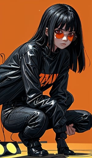 A girl with long black hair and straight bangs, wearing black sunglasses, squats on the ground and looks at the camera. The background is pure orange, movie lights, bright colors and strong contrast.