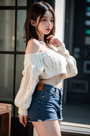 Hanni(newjeans), Hanni, nose blush, short wave hair, large breasts, bright pupils, green eyes, Brown_hair, the most beautiful image I have ever seen, Shader, volume rendering, Realism, kpop idol, Jean mini skirt, Sweater, show one shoulder,Cowboy shot, obese, random pose
,side view