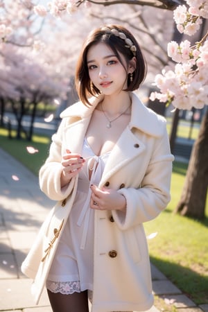 sweet smile,
average_breasts, 
bright pupils, 
clear eyes, 
short hair(double braided),
(Saturation: 0),
(Contrast: 0),
the most beautiful image I have ever seen, volume rendering, Realism, kpop idol,
fuzzy warm headband ,
trench coat,
lace pantyhose with Exquisite pattern
(    )
Cowboy shot.
background(outdoor,cherry blossom trees forest,windy,sunshine)
(Pick petals to play with flowers.)
Shoot from high angle,
confront view,
detailed hands,
soft focus.
Soft and gentle ambiance
,1 girl