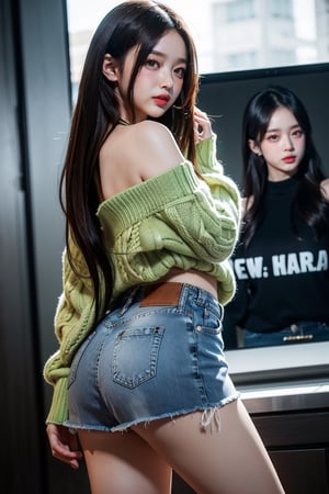 Hanni(newjeans), Hanni, nose blush, shot tousled hair, large breasts, bright pupils, green eyes, Brown_hair, the most beautiful image I have ever seen, Shader, volume rendering, Realism, kpop idol, Jean mini skirt, Sweater, show one shoulder,Cowboy shot, obese, random pose
,back view