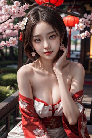 1girl, yae miko, bare shoulders, short hair, Chinese cleavage opening qipao , best quality, (hair ornament:1.35), jewelry, earrings, cherry blossoms, lantern light, depth of field, detailed face, face focus, ribbon_trim, (looking at viewer:1.25), nontraditional miko, shiny skin,  naked_sleeves, big smile , thick lips, hands on lips, (blurry background:1.2), sitting, upper body, Chinese style,perfect
