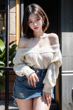 Hanni(newjeans), Hanni, nose blush, short wave hair, large breasts, bright pupils, green eyes, Brown_hair, the most beautiful image I have ever seen, Shader, volume rendering, Realism, kpop idol, Jean mini skirt, Sweater, show one shoulder,Cowboy shot, obese, random pose
,confront view