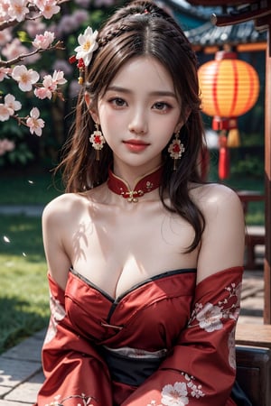 2girls, kpop idol, yae miko, bare shoulders, long hair, Chinese cleavage opening qipao , best quality, (hair ornament:1.35), jewelry, earrings, cherry blossoms, lantern light, depth of field, detailed face, face focus, ribbon_trim, (looking at viewer:1.25), nontraditional miko, shiny skin, long sleeves, big smile , thick lips, game cg, hands on lips, (blurry background:1.2), sitting, upper body, Chinese style,perfect