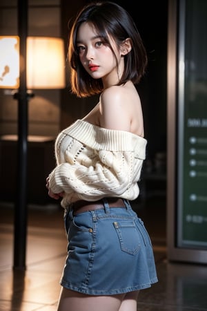 Hanni(newjeans), Hanni, nose blush, short wave hair, large breasts, bright pupils, green eyes, Brown_hair, the most beautiful image I have ever seen, Shader, volume rendering, Realism, kpop idol, Jean mini skirt, Sweater, show one shoulder,Cowboy shot, obese, random pose
,side view