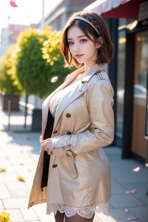 sweet smile,
average_breasts, 
bright pupils, 
clear eyes, 
short hair(double braided),
(Saturation: 0),
(Contrast: 0),
the most beautiful image I have ever seen, volume rendering, Realism, kpop idol,
warm headband ,
brown trench coat,
lace pantyhose with Exquisite pattern
(    )
Cowboy shot.
background(outdoor,street,windy,sunshine)
(Pick petals to play with flowers.)
Shoot from high angle,
side view,
detailed hands,
soft focus.
Soft and gentle ambiance
,1 girl