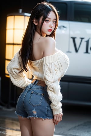 Hanni(newjeans), Hanni, nose blush, braided hair, large breasts, bright pupils, green eyes, Brown_hair, the most beautiful image I have ever seen, Shader, volume rendering, Realism, kpop idol, Jean mini skirt, Sweater, show one shoulder,Cowboy shot, obese, random pose
,back view