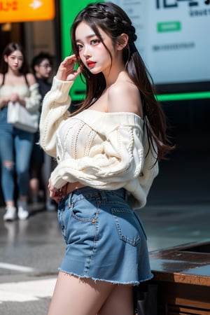 Hanni(newjeans), Hanni, nose blush, braided hair, large breasts, bright pupils, green eyes, Brown_hair, the most beautiful image I have ever seen, Shader, volume rendering, Realism, kpop idol, Jean mini skirt, Sweater, show one shoulder,Cowboy shot, obese, random pose
,side view