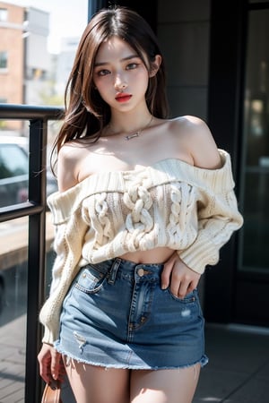 Hanni(newjeans), Hanni, nose blush, braided hair, large breasts, bright pupils, green eyes, Brown_hair, the most beautiful image I have ever seen, Shader, volume rendering, Realism, kpop idol, Jean mini skirt, Sweater, show one shoulder,Cowboy shot, obese, random pose
, looking_at_you