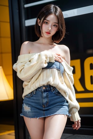 Hanni(newjeans), Hanni, nose blush, short wave hair, large breasts, bright pupils, green eyes, Brown_hair, the most beautiful image I have ever seen, Shader, volume rendering, Realism, kpop idol, Jean mini skirt, Sweater, show one shoulder,Cowboy shot, obese, random pose