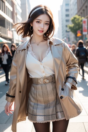 sweet smile,
average_breasts, 
bright pupils, 
clear eyes, 
short hair(streaked),
(Saturation: 0),
(Contrast: 0),
the most beautiful image I have ever seen, volume rendering, Realism, kpop idol,
warm headband ,
open shirt,
black skirt,
brown trench coat,
lace pantyhose 
(    )
Cowboy shot.
background(outdoor,street,windy,sunshine)
(Pick petals to play with flowers.)
Shoot from high angle,
confront view,
detailed hands,
soft focus.
Soft and gentle ambiance
,1 girl