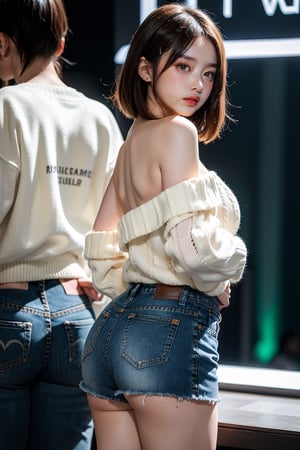 Hanni(newjeans), Hanni, nose blush, short wave hair, large breasts, bright pupils, green eyes, Brown_hair, the most beautiful image I have ever seen, Shader, volume rendering, Realism, kpop idol, Jean mini skirt, Sweater, show one shoulder,Cowboy shot, obese, random pose
,back view