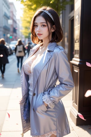 sweet smile,
average_breasts, 
bright pupils, 
clear eyes, 
short hair(double braided),
(Saturation: 0),
(Contrast: 0),
the most beautiful image I have ever seen, volume rendering, Realism, kpop idol,
warm headband ,
trench coat,
lace pantyhose with Exquisite pattern
(    )
Cowboy shot.
background(outdoor,street,windy,sunshine)
(Pick petals to play with flowers.)
Shoot from high angle,
side view,
detailed hands,
soft focus.
Soft and gentle ambiance
,1 girl