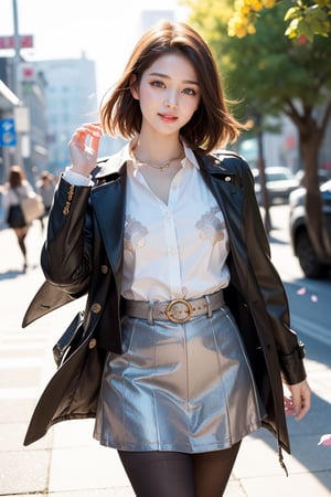 sweet smile,
average_breasts, 
bright pupils, 
clear eyes, 
short hair(streaked),
(Saturation: 0),
(Contrast: 0),
the most beautiful image I have ever seen, volume rendering, Realism, kpop idol,
warm headband ,
open shirt,
black skirt,
brown trench coat,
lace pantyhose with Exquisite pattern
(    )
Cowboy shot.
background(outdoor,street,windy,sunshine)
(Pick petals to play with flowers.)
Shoot from high angle,
confront view,
detailed hands,
soft focus.
Soft and gentle ambiance
,1 girl