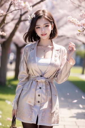 sweet smile,
average_breasts, 
bright pupils, 
clear eyes, 
short hair(double braided),
(Saturation: 0),
(Contrast: 0),
the most beautiful image I have ever seen, volume rendering, Realism, kpop idol,
warm headband ,
trench coat,
lace pantyhose with Exquisite pattern
(    )
Cowboy shot.
background(outdoor,cherry blossom trees forest,windy,sunshine)
(Pick petals to play with flowers.)
Shoot from high angle,
confront view,
detailed hands,
soft focus.
Soft and gentle ambiance
,1 girl