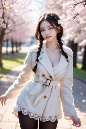 sweet smile,
average_breasts, 
bright pupils, 
clear eyes, 
short hair(double braided),
(Saturation: 0),
(Contrast: 0),
the most beautiful image I have ever seen, volume rendering, Realism, kpop idol,
fuzzy warm headband ,
trench coat,
lace pantyhose,
(    )
Cowboy shot.
background(outdoor,cherry blossom trees forest,windy,sunshine)
(Pick petals to play with flowers.)
Shoot from high angle,
confront view,
detailed hands,
soft focus.
Soft and gentle ambiance
,1 girl