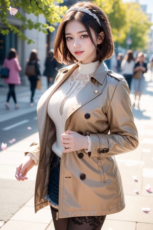 sweet smile,
average_breasts, 
bright pupils, 
clear eyes, 
short hair(double braided),
(Saturation: 0),
(Contrast: 0),
the most beautiful image I have ever seen, volume rendering, Realism, kpop idol,
warm headband ,
brown trench coat,
lace pantyhose with Exquisite pattern
(    )
Cowboy shot.
background(outdoor,street,windy,sunshine)
(Pick petals to play with flowers.)
Shoot from high angle,
confront view,
detailed hands,
soft focus.
Soft and gentle ambiance
,1 girl