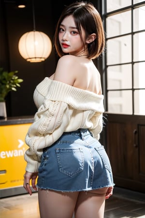 Hanni(newjeans), Hanni, nose blush, short wave hair, large breasts, bright pupils, green eyes, Brown_hair, the most beautiful image I have ever seen, Shader, volume rendering, Realism, kpop idol, Jean mini skirt, Sweater, show one shoulder,Cowboy shot, obese, random pose
,back view