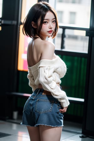 Hanni(newjeans), Hanni, nose blush, short wave hair, large breasts, bright pupils, green eyes, Brown_hair, the most beautiful image I have ever seen, Shader, volume rendering, Realism, kpop idol, Jean mini skirt, Sweater, show one shoulder,Cowboy shot, obese, random pose
,back view