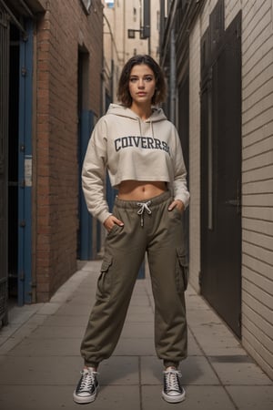 Woman, realistic, converse, cargo pants, hoodie, fullbody_shot, perfect face, cute eyes, hands on hips, looking at viewer, subway alley, cinematic light, SkpFace