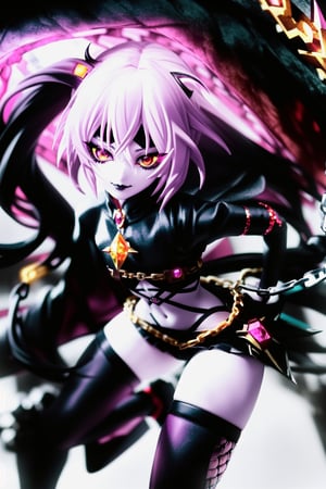 close_up,age21 anime doll,diamond anime-eyes,smug,athlete-body,hips,wearing sheer-chainmail,stomach,demon,black-lipstick,intricate, high_contrast_illumination, complex complimentary_colors,deep-garnet and gold,3D,Goth,miniskirt
