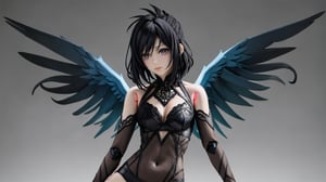 wide-angle view,full-body-shot:7, poseable-real-doll presenting, athletic-body,thicc-hips,angular-face, mohawk-hairstyle,long-black-bangs and shaved sides, sleepy-chrome-anime-eyes: 7, bright-loud-punk-clothing,black-feather-wing, anime-doll-style, 80's-style glamour-shot, glowing-blacklight-colors,realistic photograph, source lighting, rim lighting, radial lighting, intricate, ornate, elegant and refined,High detailed ,ahehalf