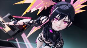 photograph,porcelain_anime_doll,kicking,mohawk_hairstyle long_black-bangs shaved_sides,glaring fire-opal-eyes,slim-body,curvy hips,1wing black,tattered-torn-punk-clothing,smirk,real-doll-style, doll-joints,80's-style glamour-shot,realistic photograph, source lighting, rim lighting, radial lighting,color-boost,intricate, ornate, elegant and refined,glowing-jade and hot_pink illumination,3D,Action figure,Action Figure,Anime,Doll,Fashion,BimboMakeup,best quality