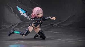 a dirty demon pvc-doll,mohawk-hairstyle+black-bangs+shaved-sides, fire-opal-anime-eyes,slim-body,thicc hips,1wing black,tattered-torn-punk-clothing,real-doll-style, doll-joints,80's-style glamour-shot, contrasting colors pink and jade, realistic photograph, source lighting, rim lighting, radial lighting,color-boost,intricate, ornate, elegant and refined,glowing-blacklight-illumination,random-noise background,3D,Action figure,Action Figure,Anime,Doll