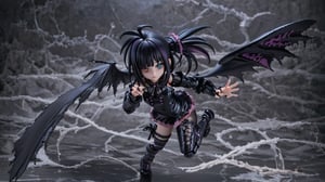 a dirty witch pvc-doll,mohawk-hairstyle+black-bangs+shaved-sides, fire-opal-anime-eyes,slim-body,thicc hips,1wing black,tattered-torn-punk-clothing,real-doll-style, doll-joints,80's-style glamour-shot, contrasting colors pink and jade, realistic photograph, source lighting, rim lighting, radial lighting,color-boost,intricate, ornate, elegant and refined,glowing-blacklight-illumination,random-noise background,3D,Action figure,Action Figure,Anime,Doll,Fashion
