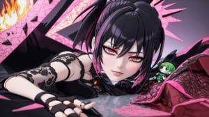 photograph,queen of dirt_demon filthy_anime_doll,wallowing in putrid  waste,mohawk_hairstyle long_black-bangs shaved_sides,glaring fire-opal-eyes,slim-body,curvy hips,1wing black,tattered-torn-punk-clothing,smirk,real-doll-style, doll-joints,80's-style glamour-shot,realistic photograph, source lighting, rim lighting, radial lighting,color-boost,intricate, ornate, elegant and refined,glowing-jade and hot_pink illumination,3D,Action figure,Action Figure,Anime,Doll,Fashion,BimboMakeup,best quality