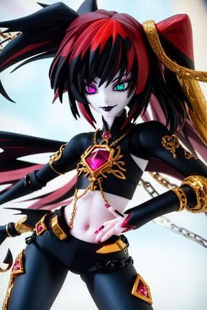 close_up,age21 anime-doll,doll-joints,diamond anime-eyes,smug,athlete-body,hips,wearing sheer-chainmail,stomach,demon,black-lipstick,intricate,contrast_illumination, complex complimentary_colors,deep-garnet and gold color-scheme,3D,Goth