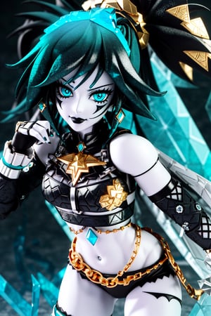 close_up,age21 anime-doll,doll-joints,diamond anime-eyes,smug,athlete-body,hips,wearing sheer-chainmail,stomach,tattered- loincloth,feral,black-lipstick,intricate, ray_illumination,turquoise and gold color-scheme,3D,Goth